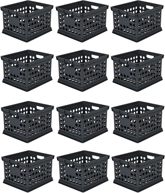 Sterilite Stackable Plastic Storage Crate Bin Organizer File Box with Handles for Home, Office, Dorm, Garage, or Utility Organization, Black, 12-Pack