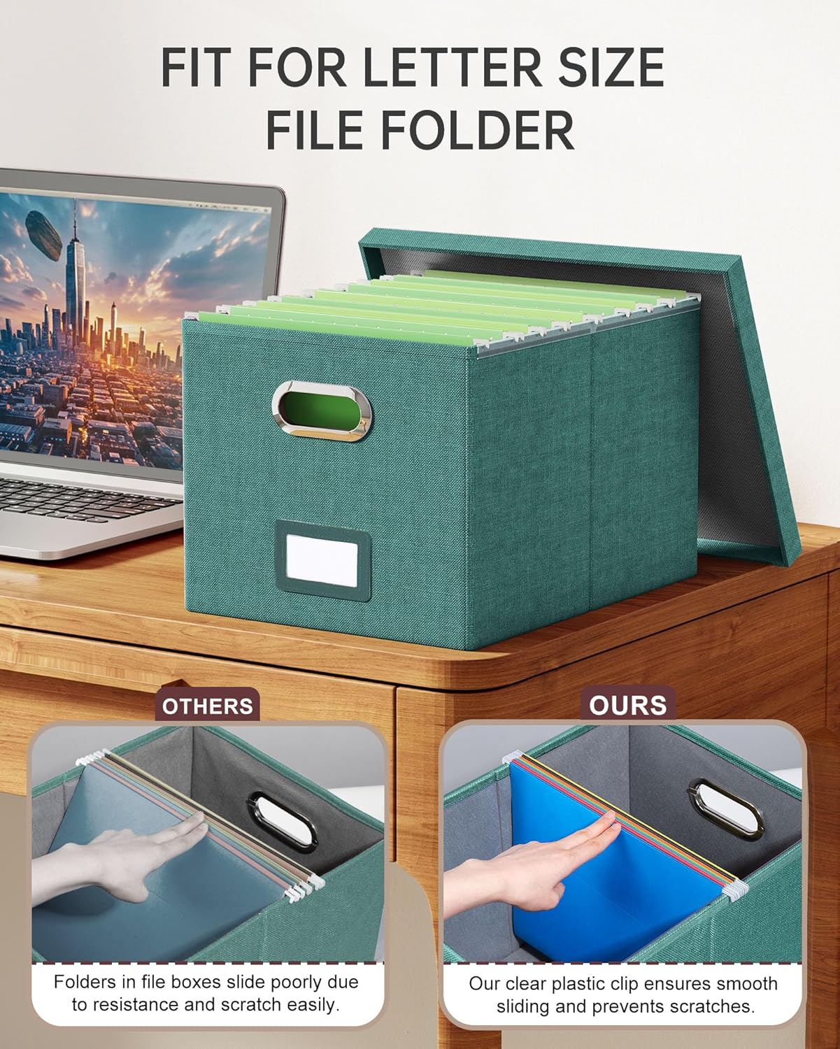 Oterri File Organizer with Lid, File Box, File Cabinet for Letter File Folder Storage, Hanging File Organizer for Office/Decor/Home,Document Organizer, 1 Pack,Forest-Green-Box Only
