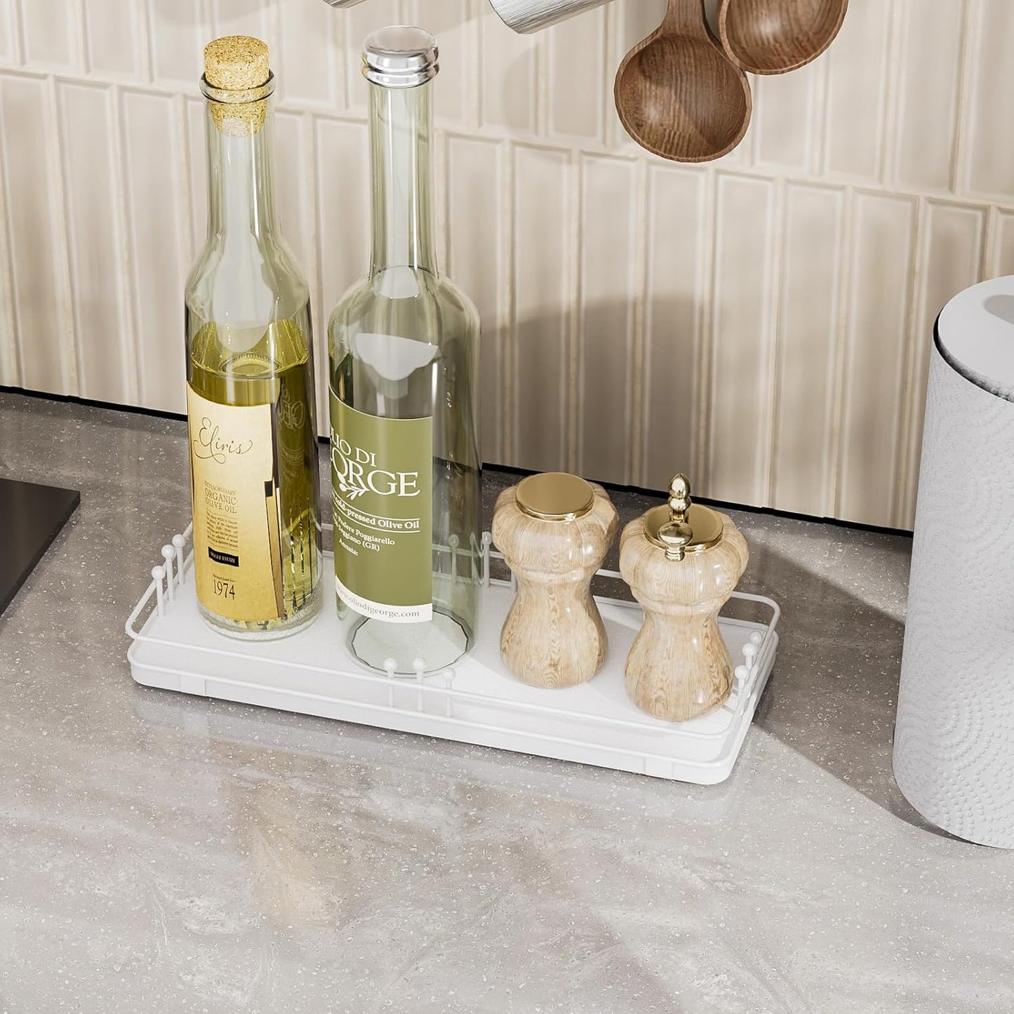 Bathroom Vanity Tray for Countertop Toiletries Perfume Makeup Soap Dispenser Toilet Tank, Kitchen Tray for Salt Spice, Decor Tray for Candle Nightstand Coffee 11.3”x 4.4” White