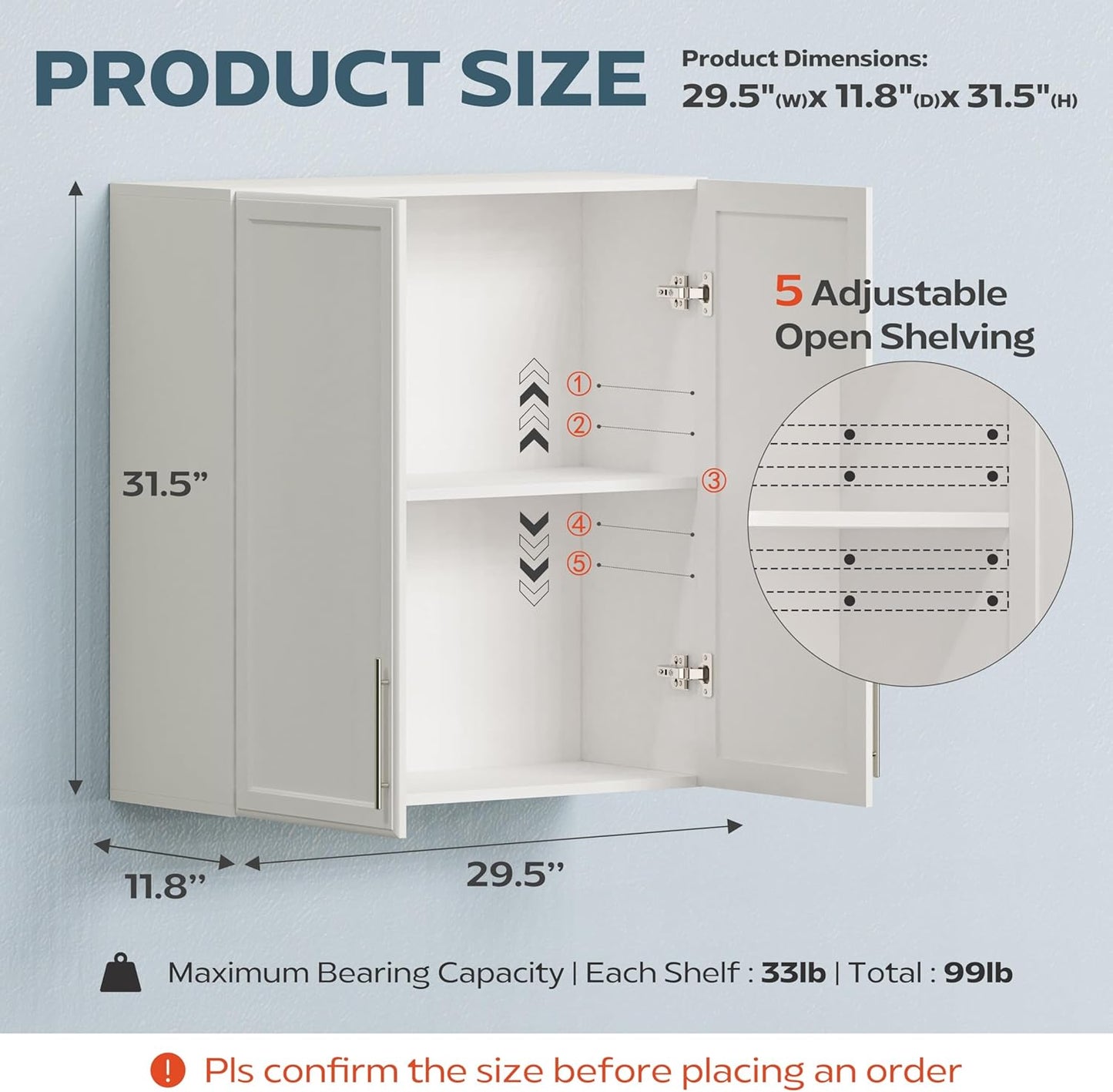 Laundry Room Wall Cabinet with Adjustable Shelf,Wall Mounted Kitchen Cabinets with Two Shaker Doors,Upper Storage for Laundry Room, Bathroom, Kitchen,Large,White