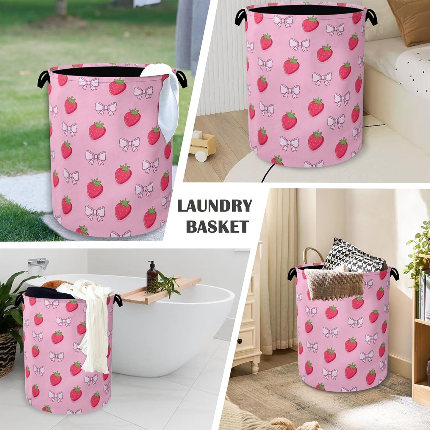 Cute Strawberry Laundry Basket,Bow Foldable with Handles Tote Bag Oxford Cloth for Bathroom Bedroom Dirty Clothes Storage Bucket 16" x 20.8"