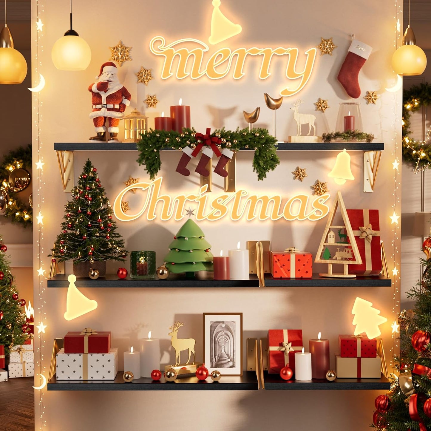 BAYKA Wall Shelves for Bedroom Decor, Floating Shelves for Living Room Kitchen Storage, Mounted Rustic Wood Floating Shelves for Kids Books, Corner Shelves for Bathroom, Office(Black Gold,Set of 3)