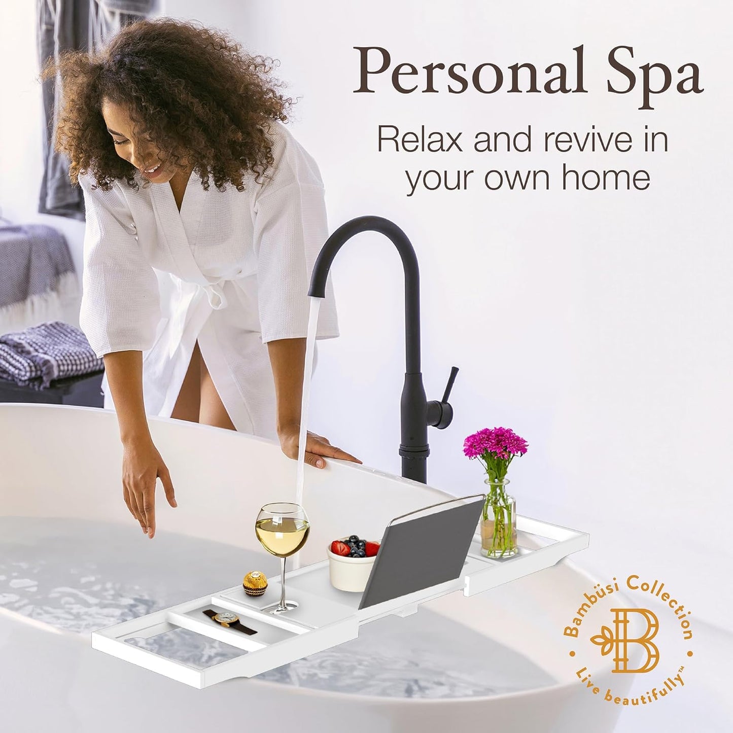 Bathtub Tray - Expandable White Bamboo Bath Tray for Tub with Wine Glass Holder, Book & Tablet Stand - Wooden Bathtub Caddy Tray for Bathroom Accessories, Spa Relaxation, Housewarming & Wedding Gift