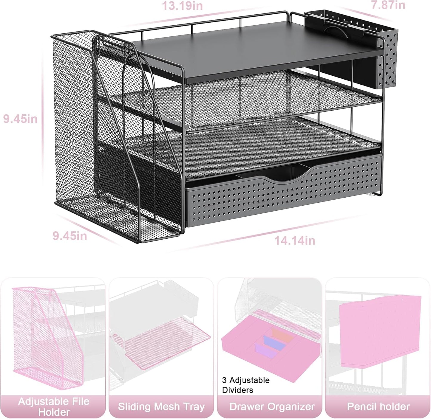 gianotter Wood Desk Organizers and Accessories with File Holder, 4-Tier Desk Accessories & Workspace Organizers with Drawer and Pen Holder, Paper Organizer for Office Supplies (Black)