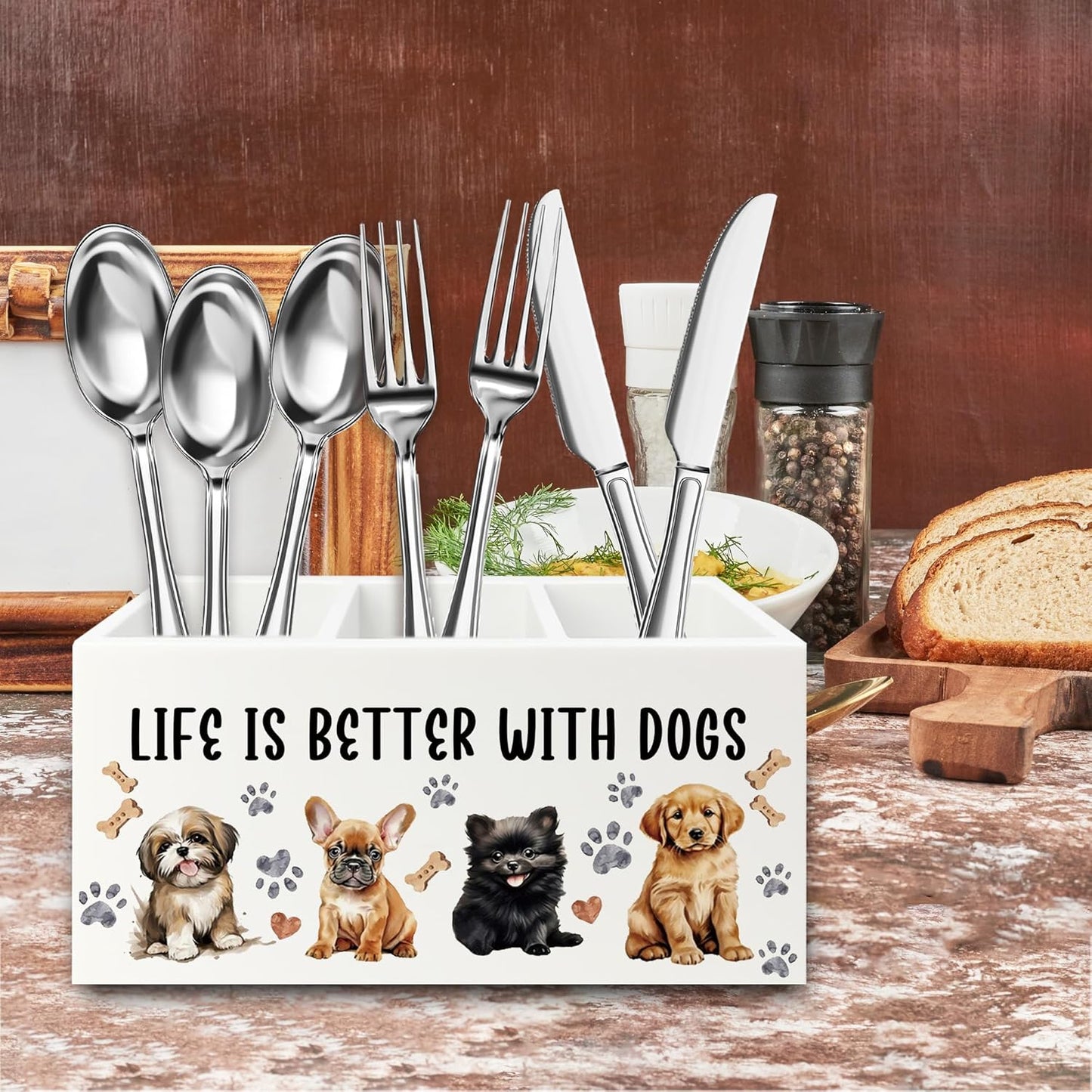 Dog Pen Pencil Holder Organizer for Desk, Dog Lovers Mom Gifts for Women, Life Is Better with Dogs Wooden Box Signs Decorations for Home Office Desk Tabletop, Gifts for Pet Lovers