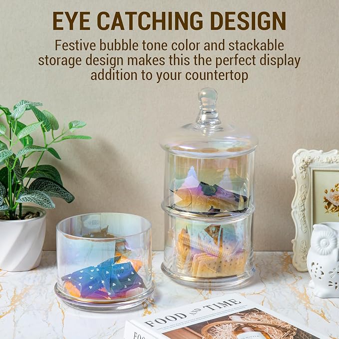 MyGift 16-Inch Modern 3-Tier Iridescent Rainbow Glass Apothecary Jars with Lids – Transparent Stacking Candy, Cookie, and Bathroom Storage Containers