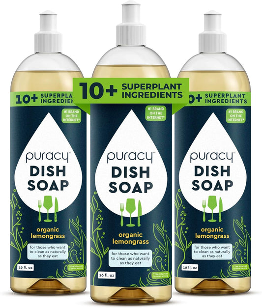 Puracy Natural Dish Soap Packs - Skin-Softening Plant-Based Dishwashing Soap, Non-Toxic Dish Soap, Organic Liquid Dishwashing Detergent Soap (Organic Lemongrass, 16 fl oz, 3 Pack)