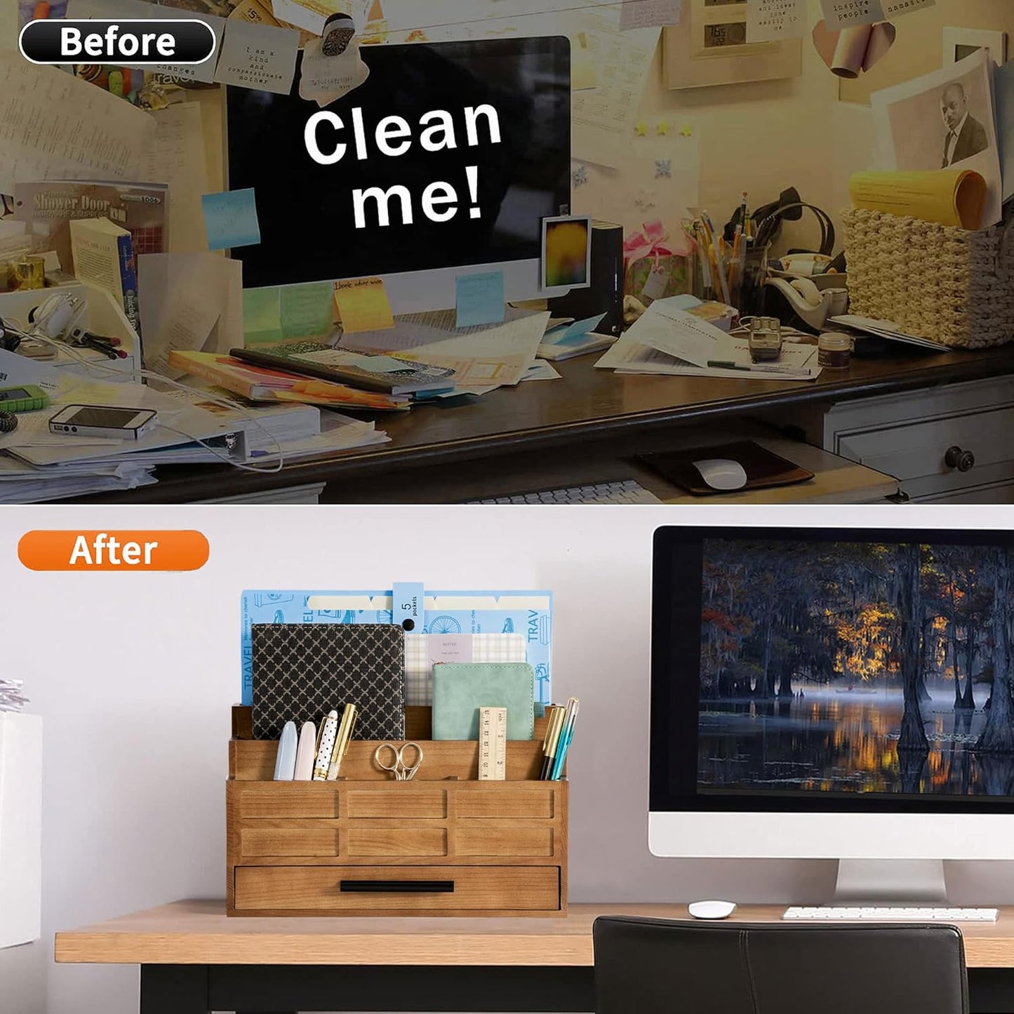 Brown Wood Desk Organizer and Accessories with Drawer, Bill Mail Organizer and File Mail Holder for Office Supplies, Rustic Desk Accessories & Workspace Organizers