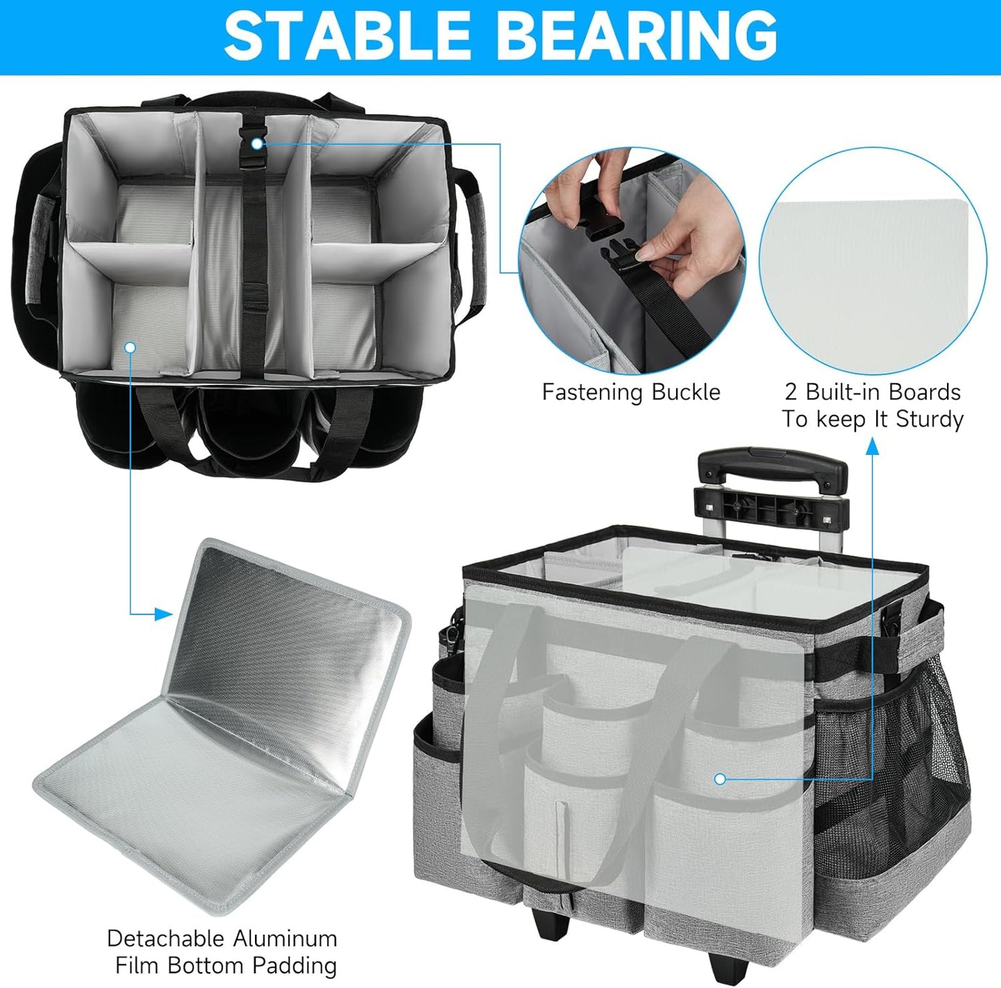 Large Rolling Cleaning Caddy Bag with Detachable Trolley,Cleaning Cart on Wheels with Shoulder Strap,Cleaning Supplies Organizer for Housekeepers,Gray