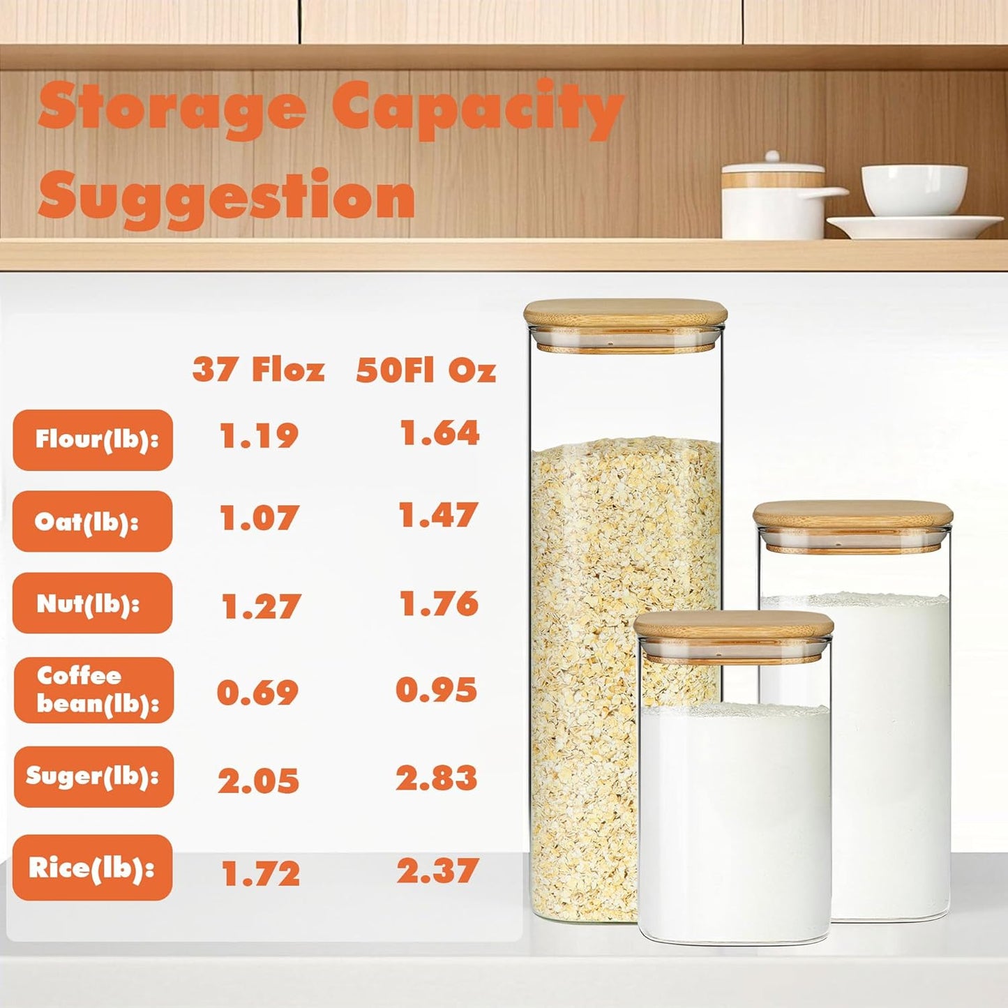 Glass Storage Containers with Airtight Bamboo Lids Set of 4,Pantry Food Storage Container,Perfect for Kitchen Organization-Flour, Rice, Pasta, Sugar, Coffee Beans, Accessories Included (4 packs(50oz))