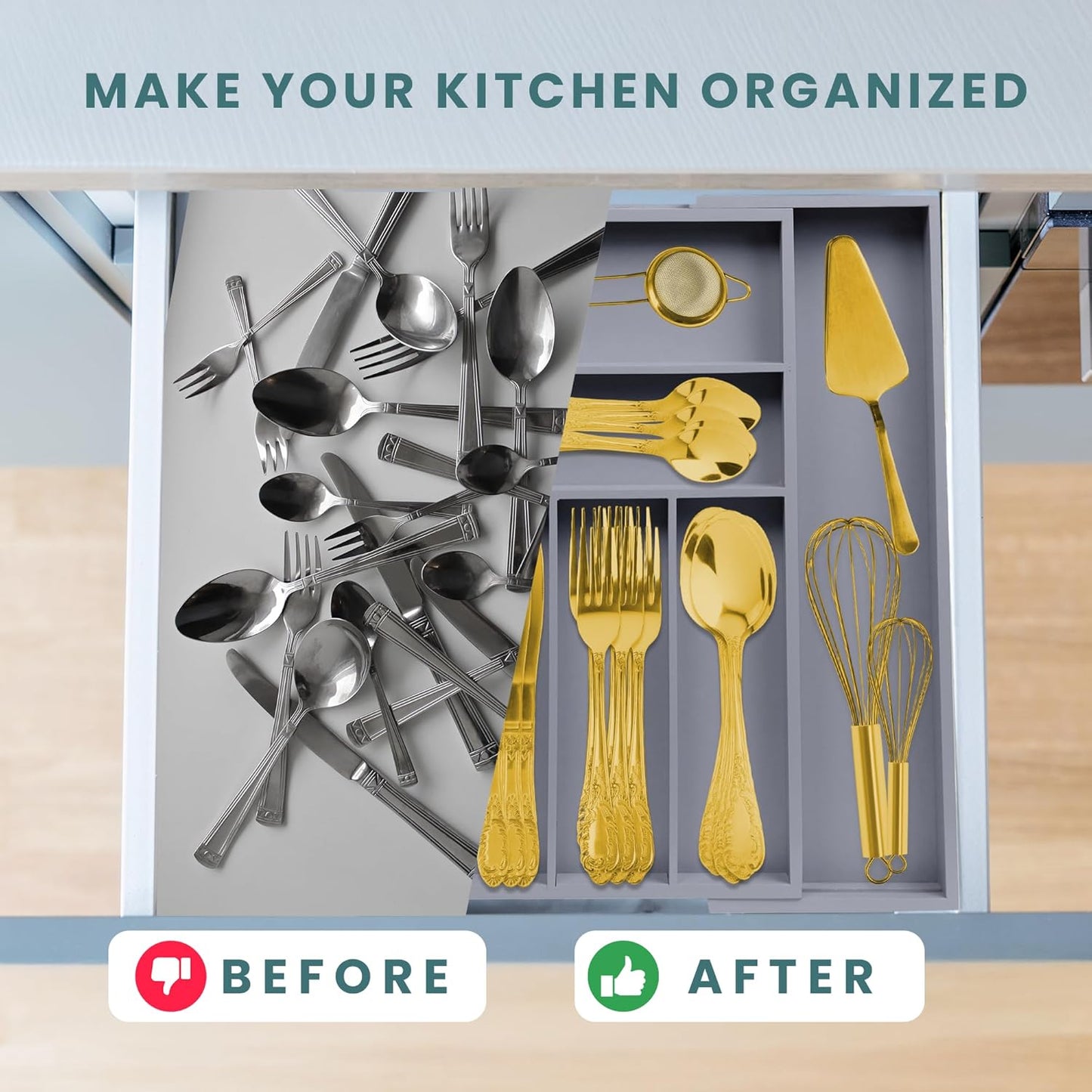 Sben Expandable Drawer Organizer for Utensils Holder, Adjustable Cutlery Tray, Wood Drawer Dividers Organizer for Silverware, Flatware, Knives for Kitchen (Gray)