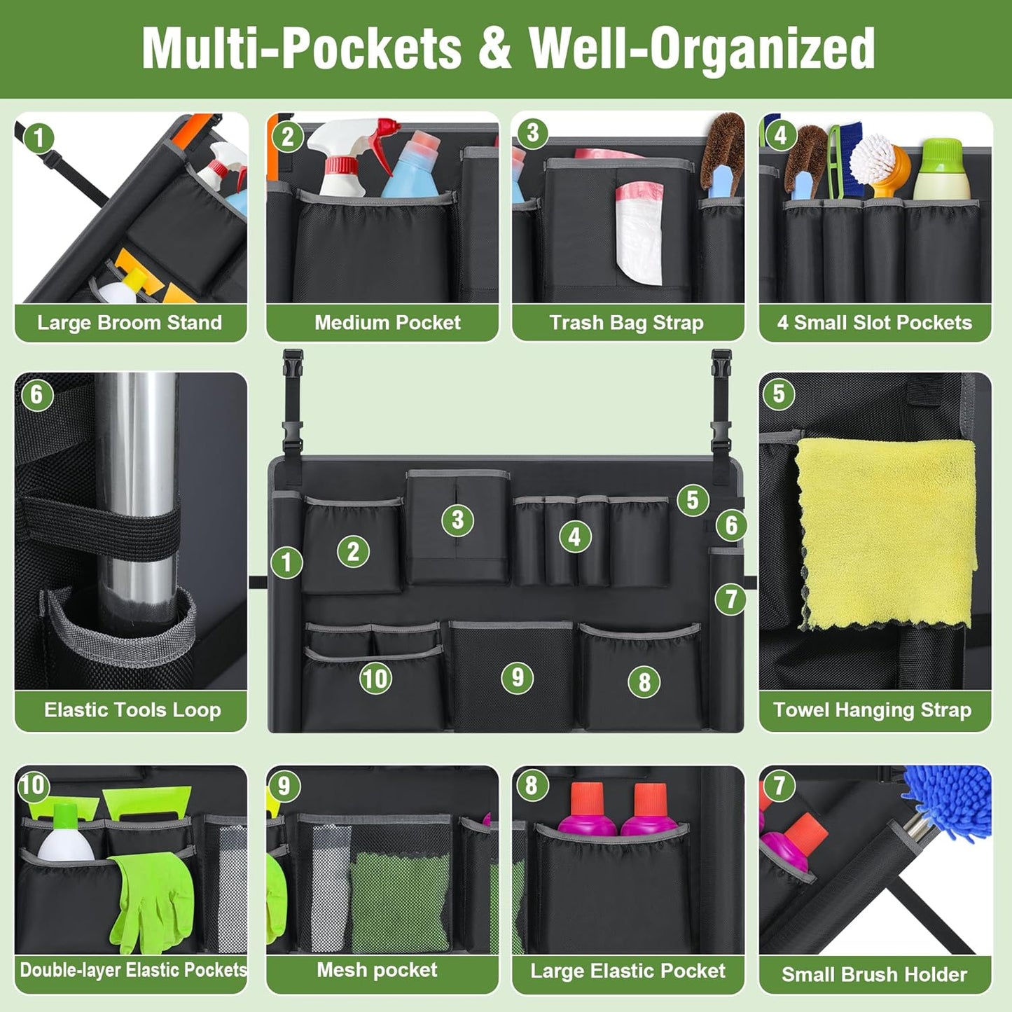 Trash Can Caddy Bags Fit 32-55 Gallon Garbage Bin, Garbage Bin Caddy Bag with 13 Pockets Compatible with Brute & Uline, Commercial Cleaning Supplies Organizer Bag & Janitorial Duties(1PCS)