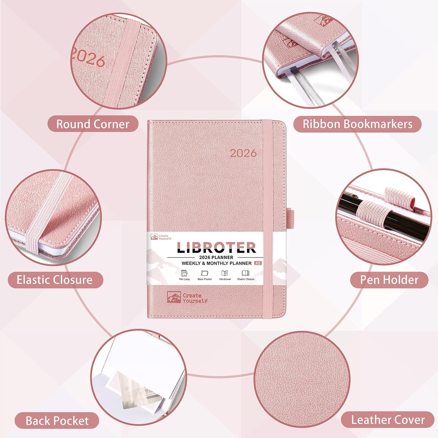 2026 Planner - Planner 2026, 2026 Weekly Monthly Planner, Jan.2026 - Dec.2026, 5.7'' x 8.4'', Thick Paper, Leather Cover, Pen Holder, Back Pocket, Bookmarks, Perfect Daily Organizer - Rose Gold