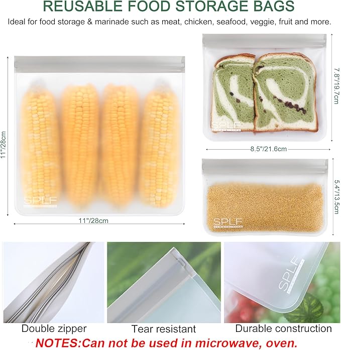 SPLF 12 Pack Dishwasher Safe Reusable Storage Bags(5 Reusable Sandwich 5 Snack 2 Gallon), Extra Thick Freezer Bags Leakproof Silicone and Plastic Free Food Lunch Bag