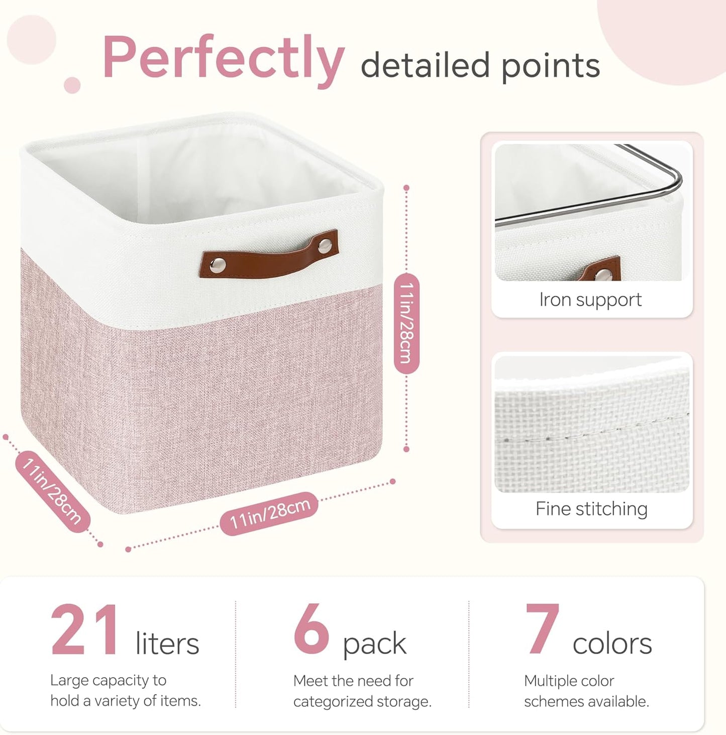 Cube Storage Baskets 6 Pack, 11x11 inch Foldable Cube Storage Bins with Leather Handles for Shelf Closet Nursery Toys (White/ Pink)