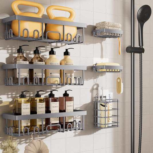 Veken 6-Pack Rustproof & Waterproof Shower Caddy, Adhesive Shelves Rack, Large Capacity Bathroom, College Dorm & Apartment Organizers, No-Drill Wall Mount Living Room & Bedroom Decor, Light Grey
