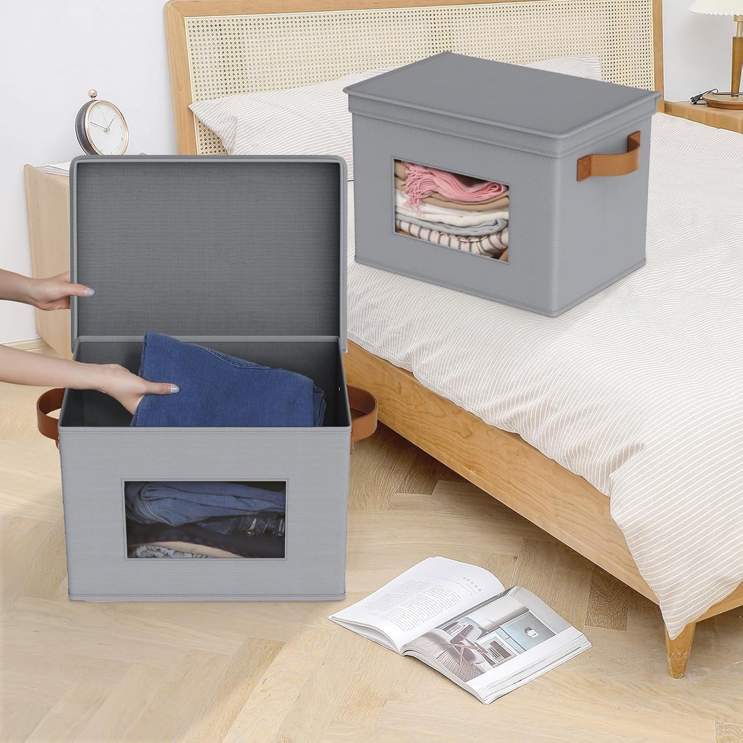 Univivi Storage Bins with Lids Collapsible Foldable Closet Storage Boxes for Clothes [3-Pack] Containers boxes with Handles Closet Storage for Home, Office, Bedroom (Grey,17" x 12"x 12")