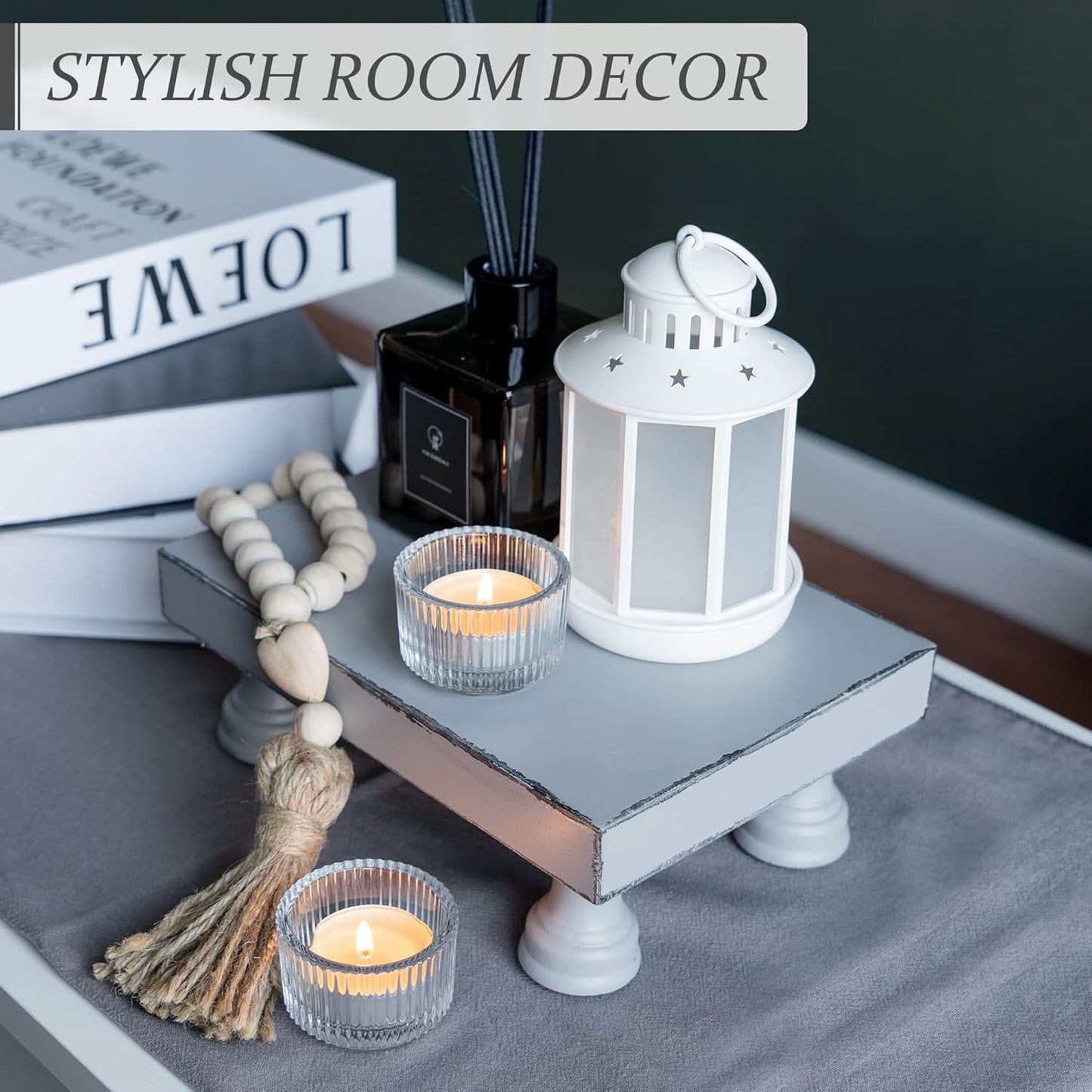 EOSAHR Decorative Wood Riser for Display : Modern Farmhouse Pedestal Stand for Home & Kitchen Decor and Stylish Soap Stand for Sink - Rustic Bathroom Counter Tray and Countertop Organizer (Light Gray)