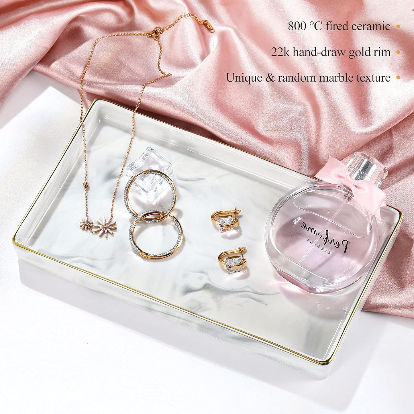 Luxspire Vanity Tray, Marble Ceramic Jewelry Dish Tray, Bathroom Tray with Golden Edged Home Décor, Countertop Organization Bathroom Holder Organizer for Candles, Perfume - Marble White