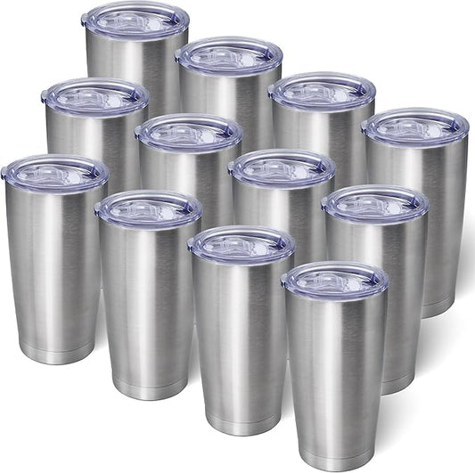 20oz Tumbler Bulk Stainless Steel Tumblers with Lid Vacuum Insulated Double Wall Travel Coffee Mug Powder Coated Tumbler Cup for Hot and Cold Drinks(Stainless Steel, 12 pack)