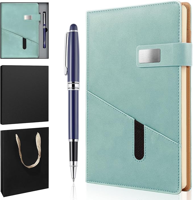 A5 Lined Leather Notebook and Pen Set with Gift Box, 240 Pages Refillable Journal with Pocket and Magnetic Buckle, Hardcover Daily Diary for Men and Women Business Travel Personal Writing- Light Green