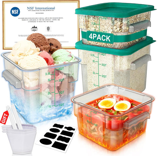 2QT&4QT NSF Food Storage Containers with Lids: 4 PCS [Total Food Grade][Hot&Cold Resistant] Commercial Clear Food Storage Containers for Restaurant Kitchen Proof Dough, Green