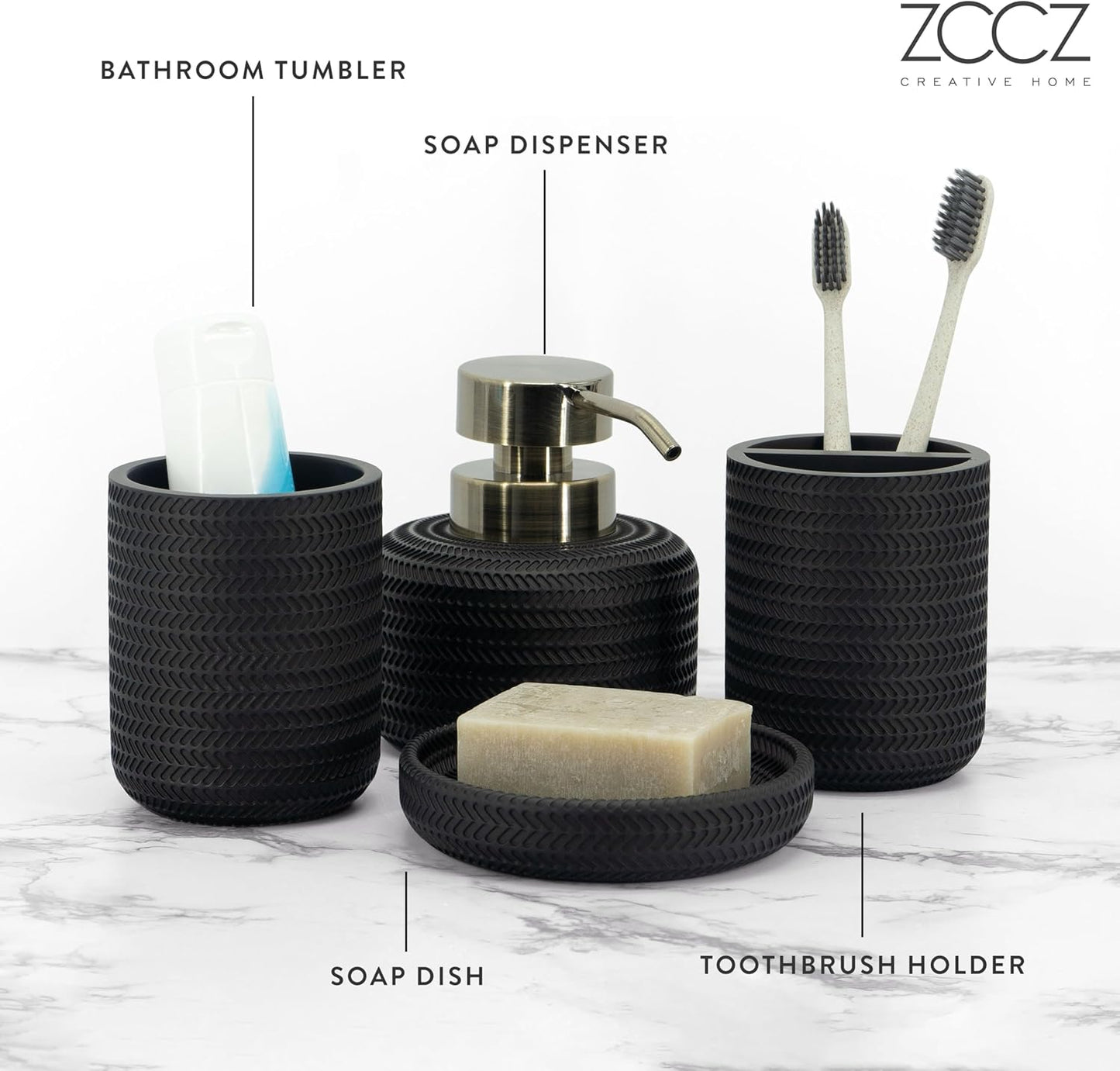 ZCCZ Black Bathroom Accessories Set 4 Pcs - Toothbrush Holder, Soap Dispenser, Vanity Tray, Tumbler - Countertop Organizer for Bathroom - Modern Accessory Set for Home Decor and Storage