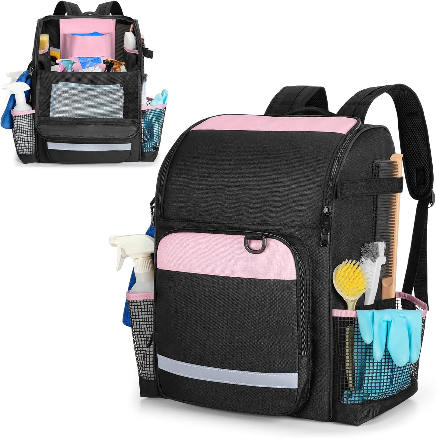 LoDrid Cleaning Bag with Thickened Adjustable Shoulder Straps, Large Cleaning Caddy Organizer with Multiple Pockets for Cleaning and Housework, Pink (Patent Designed)