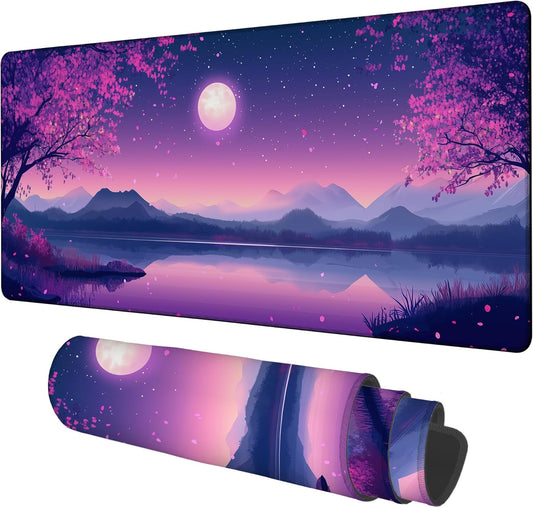Gaming Desk Pad Large Extra Length Starry Sky Full Moon Mouse Pad Keyboard Laptop Non-Slip Waterproof with Rubber Base Thick Stitched Edge Mouse Mat for Office Home 35.4 x 15.7 Inches