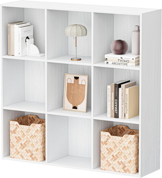 9 Cube Storage Organizer, Wooden Cube Shelves with Closed Back Panel, Reversible Bookcase, Toy Organizers and Storage for Home, Living Room, Kids Room, Office, 35.98" L x 9.45" W x 35.91" H, White