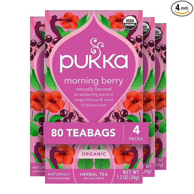 Pukka Morning Berry Organic Herbal Tea Bags, Caffeine Free Natural Energy, 80 Total Tea Bags (20ct - Pack of 4)