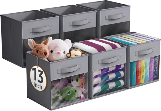 Sorbus 13 Inch Storage Bins with Clear Window - 6 Foldable Baskets for Organizing Clothes, Toys, Books - Sturdy Collapsible Fabric Storage Cubes with Handle - Storage Baskets for Shelves, Closets