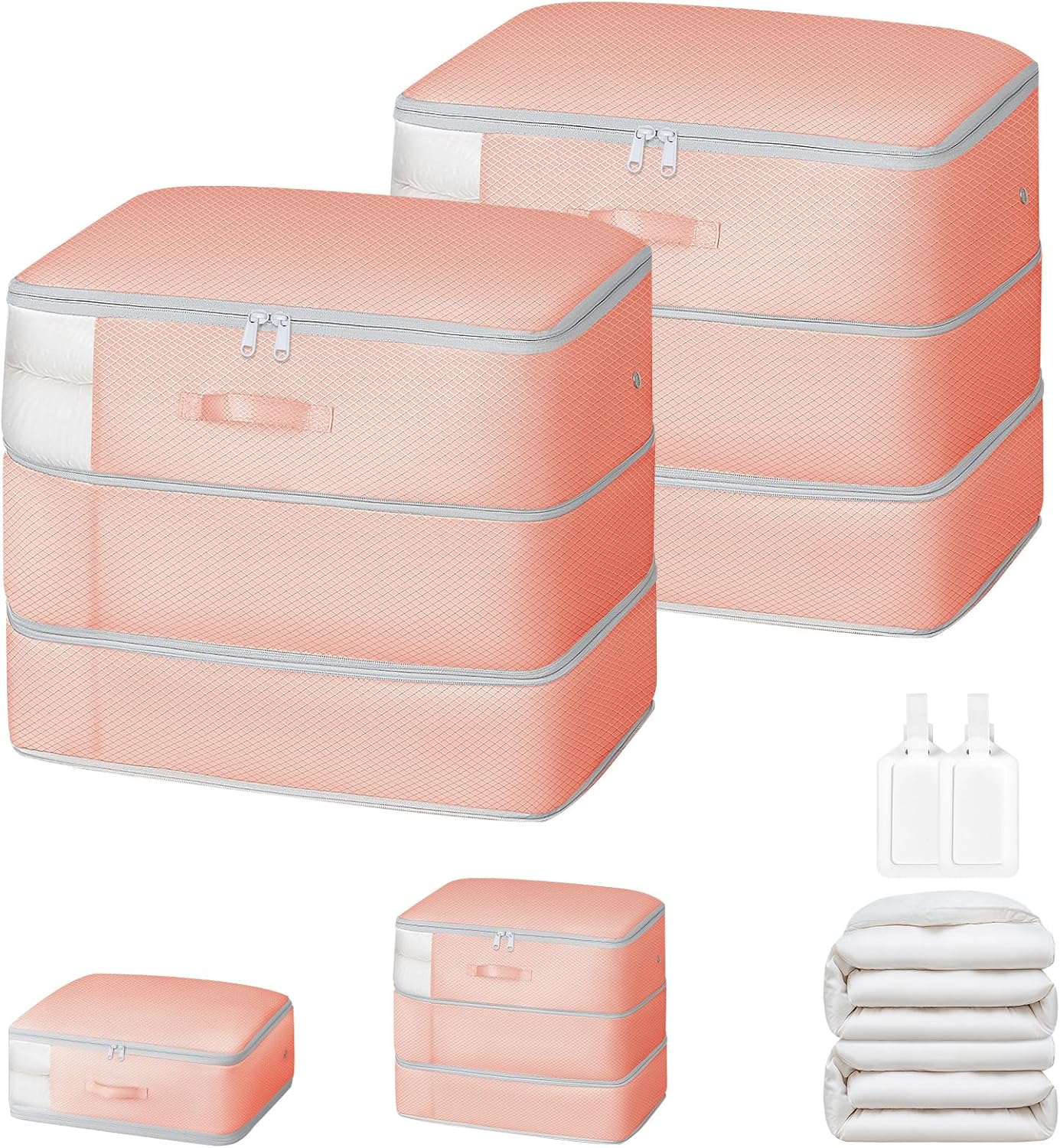 Comforter Storage Bag - Large Capacity Blanket Storage Bags 3-Layer Ultra Space Saving Self Compression Organizer, Washable Compression Bags for Storage Comforter Blanket, 2-Pack, Pink