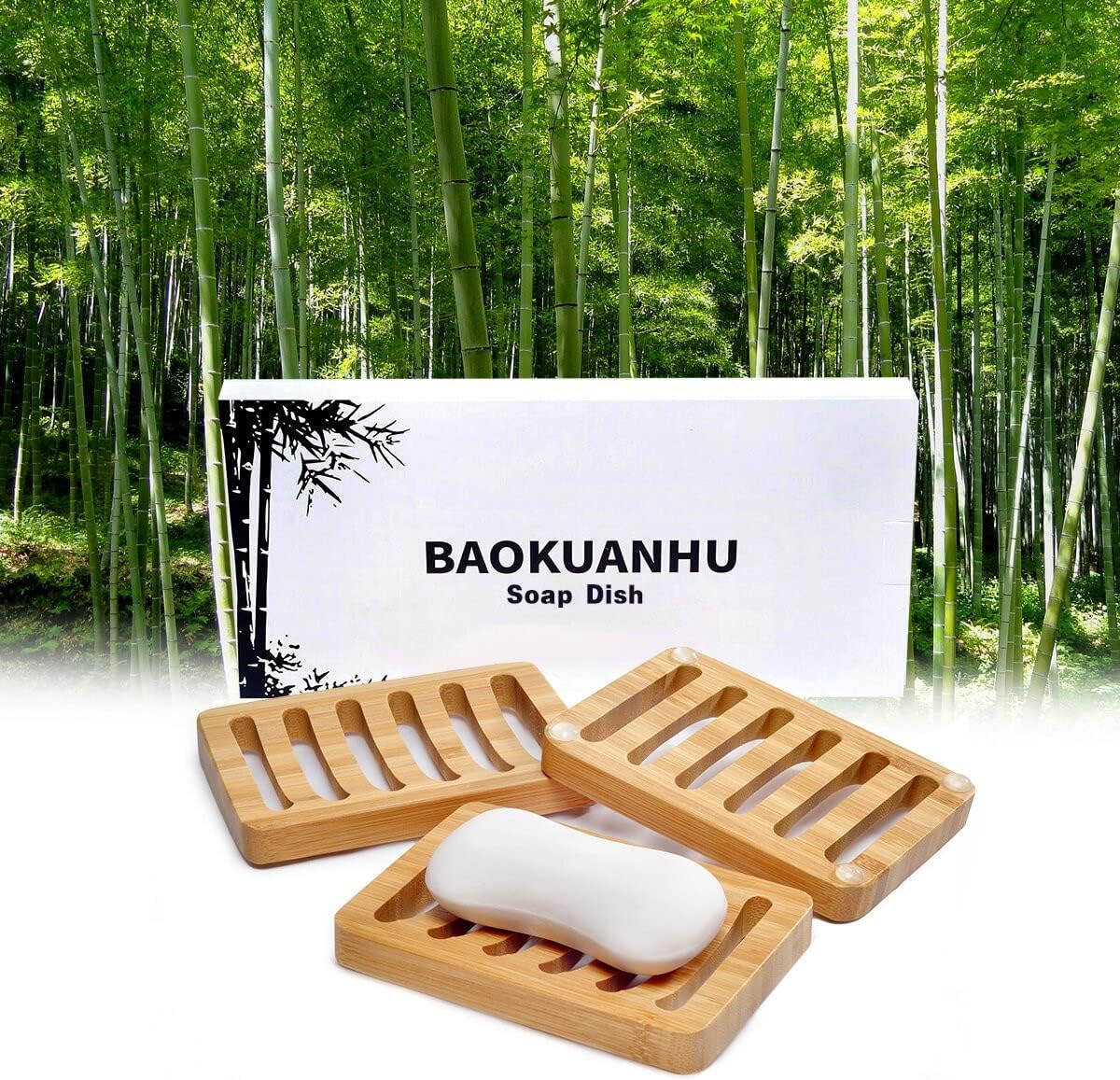 3 Pack Bamboo Wood Soap Dish Bar Soap Holder with Self Draining Tray Natural Waterfall Drain Soap Saver for Shower Bathroom Kitchen