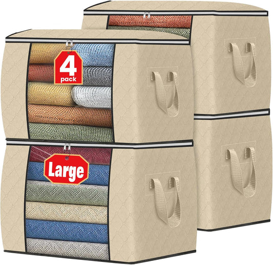 Fab totes 24 Gallons Clothes Storage, Foldable Thick Fabric Blanket Storage Bags, Containers for Organizing Bedroom, Closet, Clothing, Comforter, Organization with Handle (4 Pack,Beige)