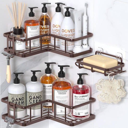 YASONIC Shower Caddy Corner, 3-Pack Adhesive Rustproof Stainless Steel Shower Shelves with Soap Holder, No Drilling Shower Organizer Corner for Dorm, Renters Bathroom, Bronze