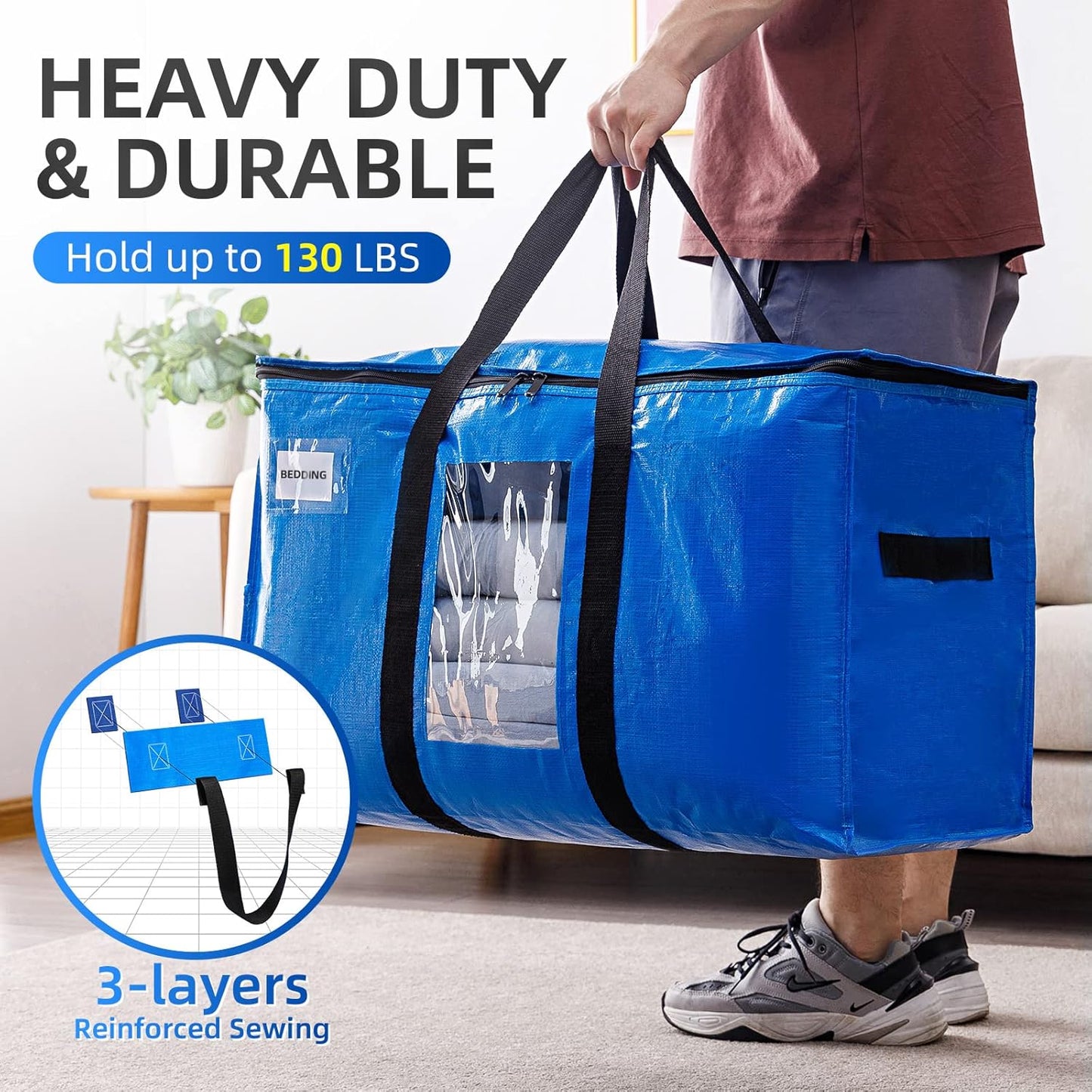 TAILI Extra Large Moving Bags, 6 Pack Blue Heavy Duty Totes For Storage with Visible Window, Wrap Around Handles, Storage Bags for Space Saving, Alternative to Moving Boxes