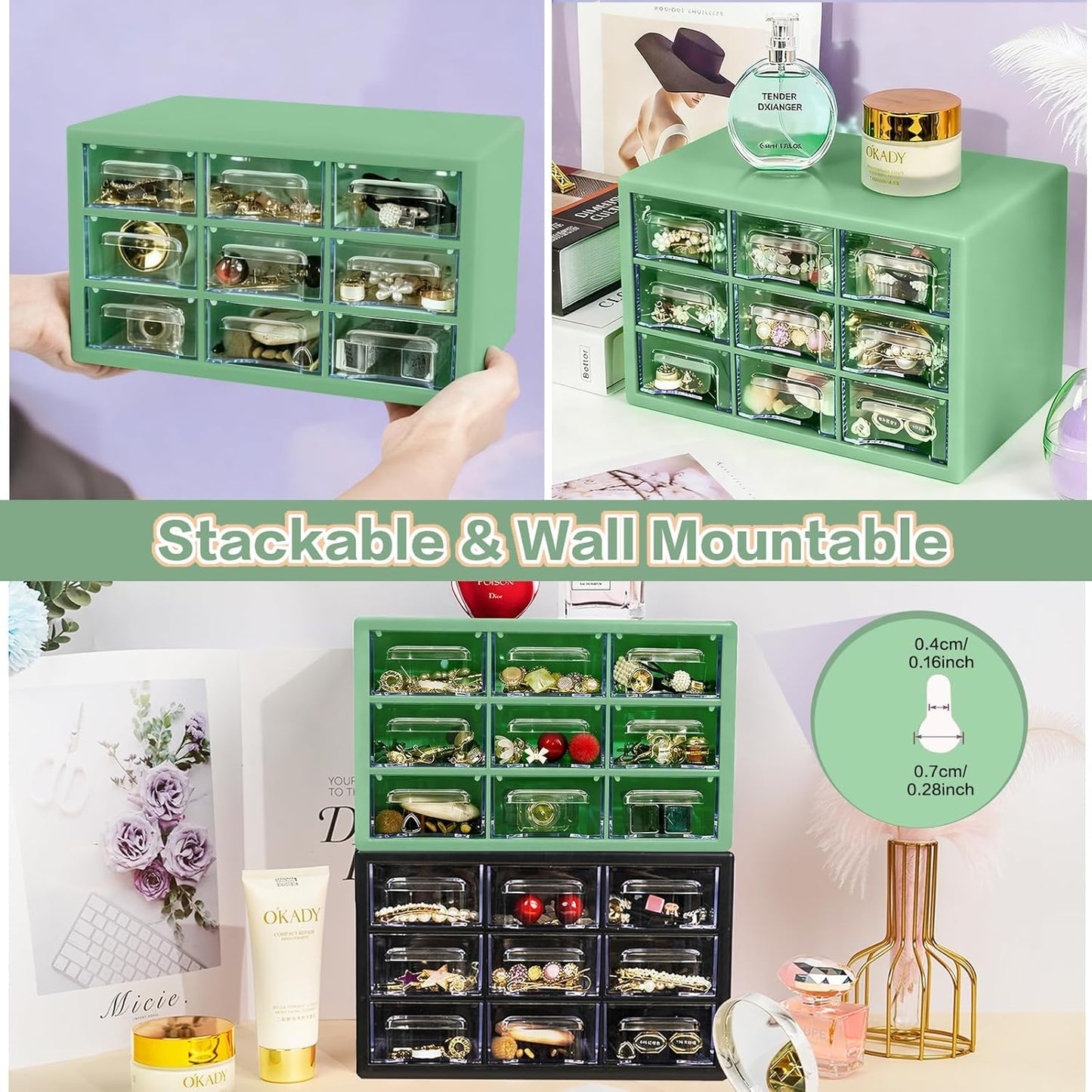 Desk Storage Organizer with 9 Drawers, FODIENS Stackable Desktop Craft Drawer Cabinet, Clear Storage Box Caddy for Makeup Jewelry Office Craft Supplies (9.84×6.3×5.9in) (Green)