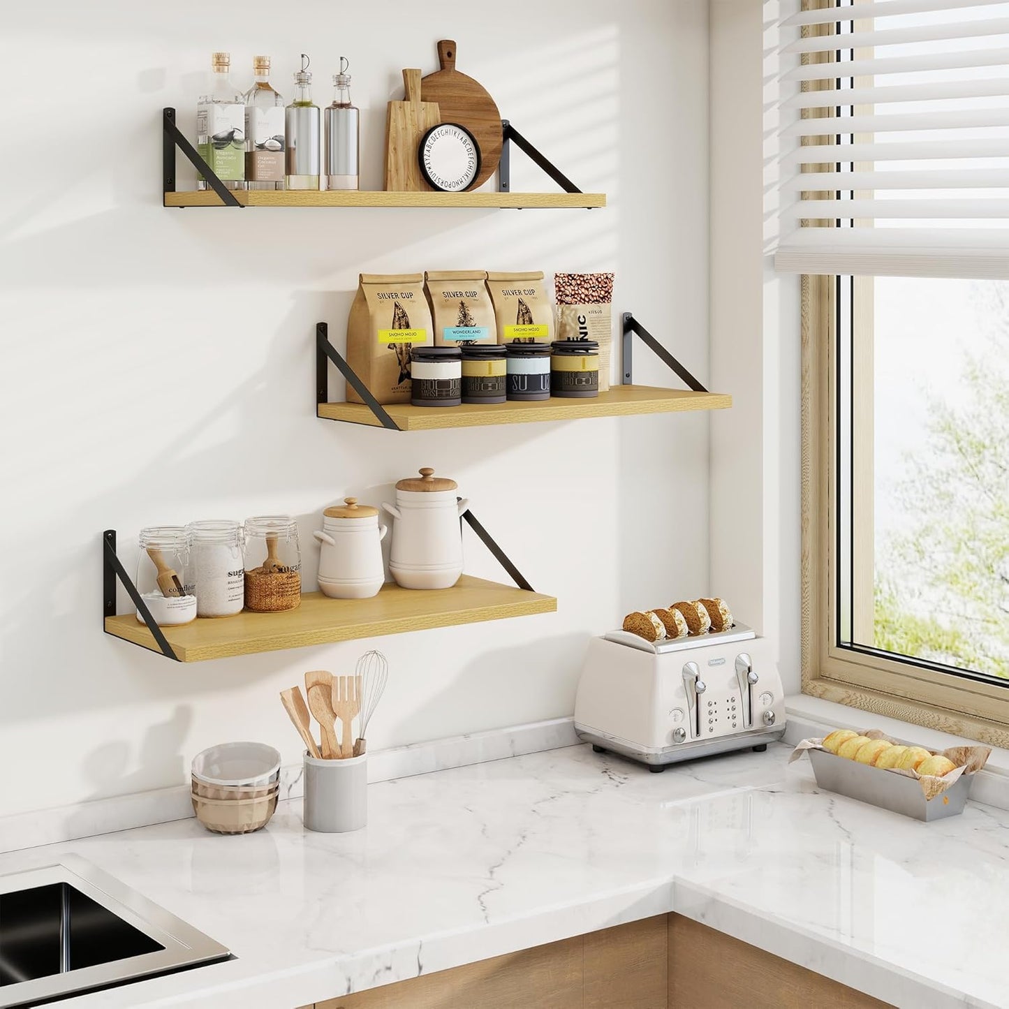 Axeman Deep Floating Shelves for Wall - 24 Inch Wide x 10 Inch Deep Floating Shelves Set of 2 -Oak Wide Wall Shelves for Living Room Bathroom Bedroom