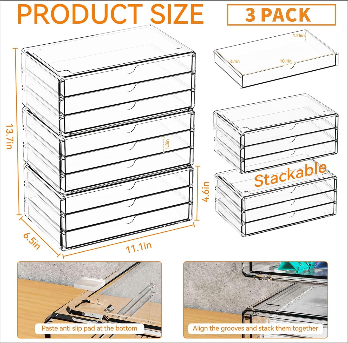 Yieach 11.1 Inch Long Clear Drawer Organizers Stackable,3 Pack Small Acrylic Drawers,School,Office Supplies Organizer And Storage Bins for Stationery,Marker,Pen,Pencil,Craft Desktop Storage Drawers