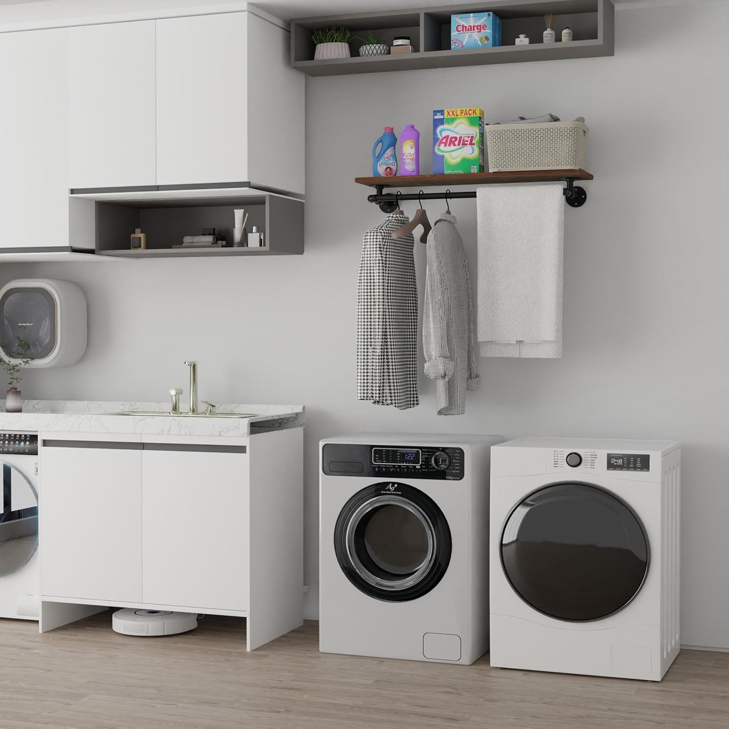 Clothes Rack 36in, Wall Mounted Garment Rack with Real Wood Shelf, Heavy Duty Hanging Clothes Rack, Multi-Purpose Hanging Rod, Space-Saving Closet Storage