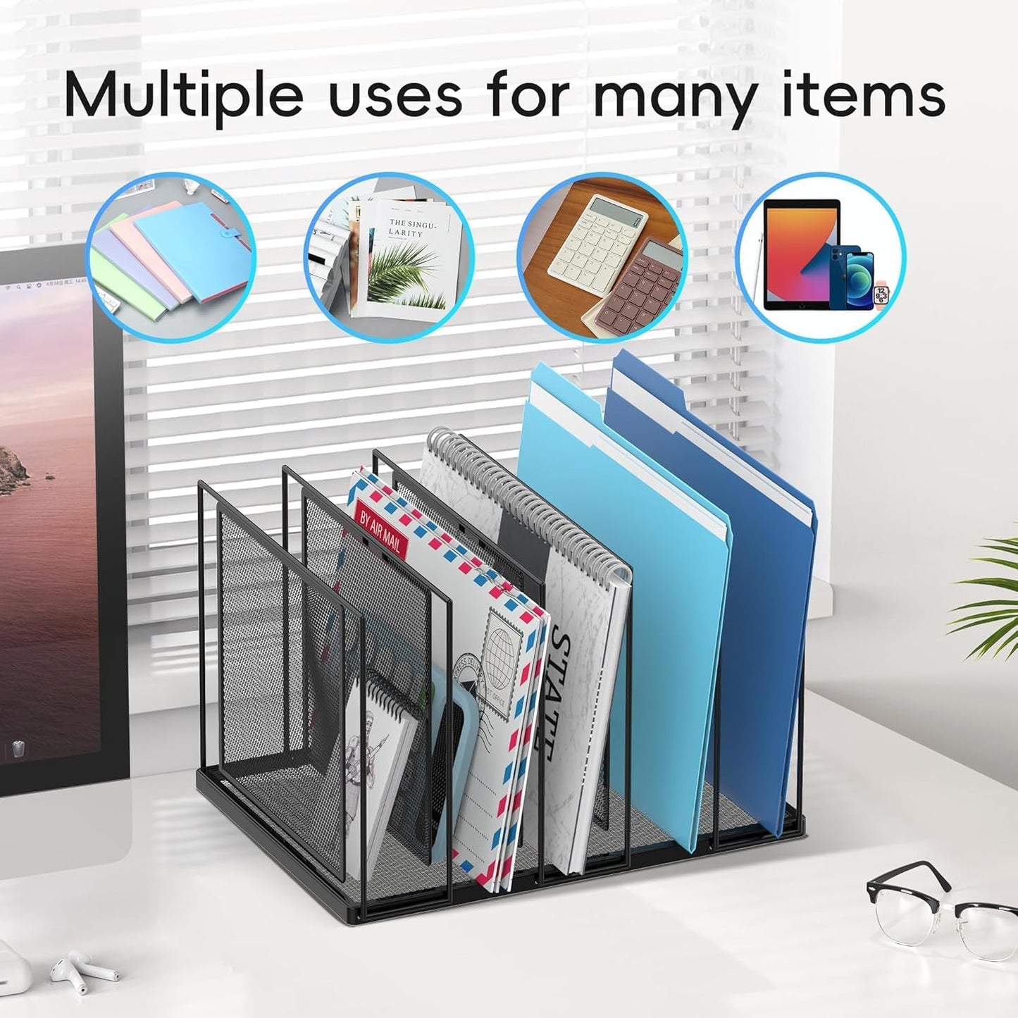 File Organizer for Desk, 5-Section Vertical File Sorter, Paper Holder Organizer Standing Metal File Folder for Office Home Classroom, Black