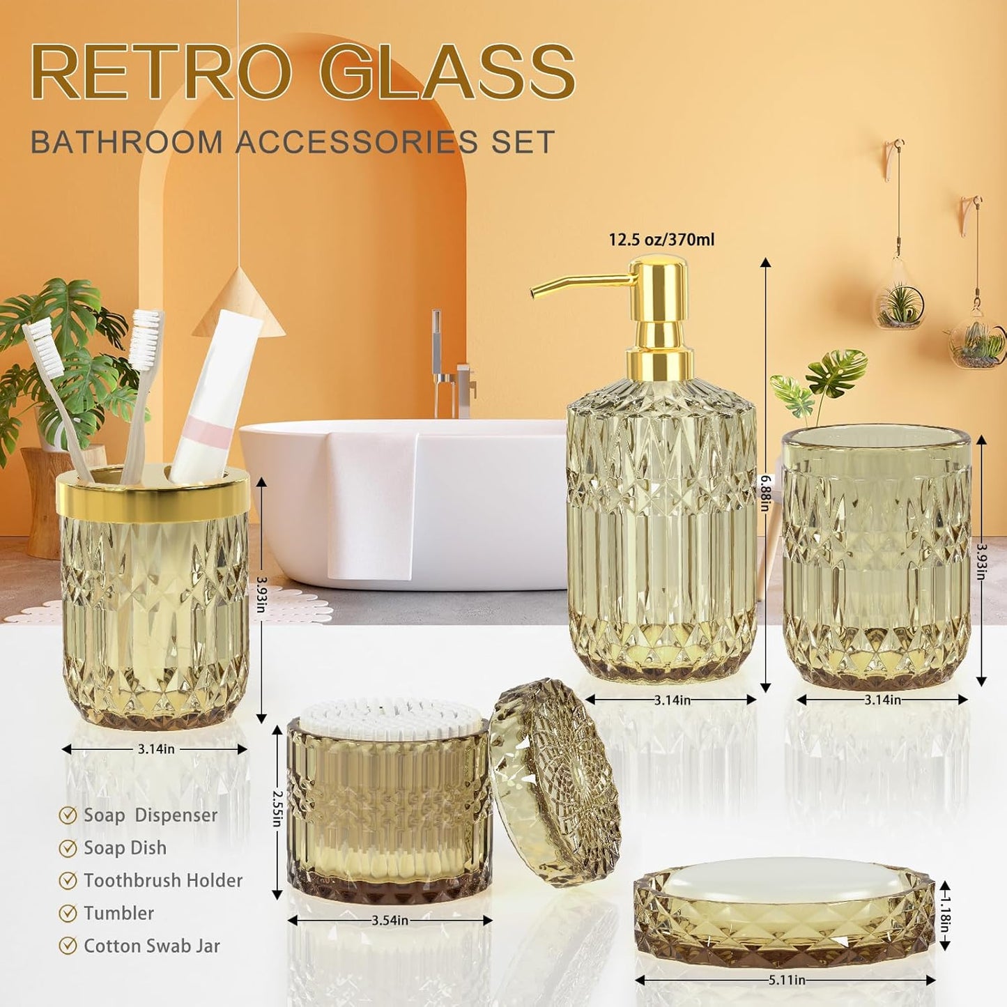 Brown Bathroom Accessory Set 5PCS - Amber Glass Bathroom Accessories with Toothbrush Holder Set, Soap Dispenser, Soap Dish, Tumbler, Cotton Swab Jars, Vintage Bathroom Decor Set Housewarming Gift