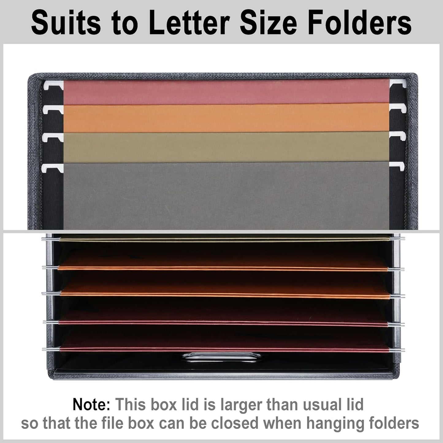 File Organizer, Collapsible Storage Filling Box with Lid for Letter Legal Size Hanging Folders Decorative Linen File Folder Box Document Storage Filing Bin, Dark Gray 2 Pack