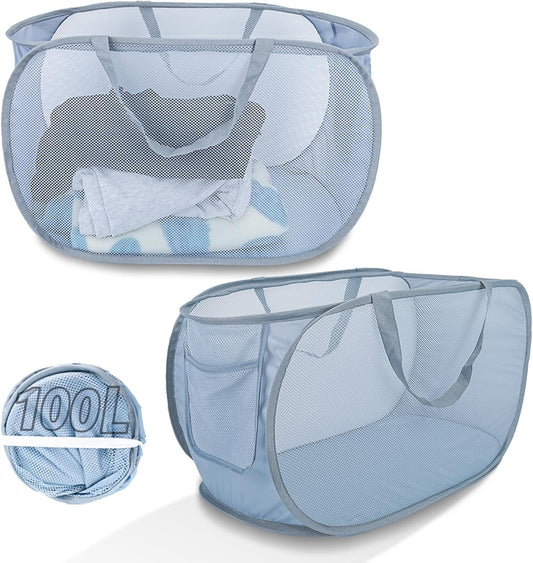 Extra Large Mesh Pop Up Laundry Hamper 2 Pack, 100L Foldable Laundry Baskets, Dirty Clothes Hamper with Pocket, Collapsible Hampers for Travel, Nursery, Dorm or Home. Grey 2H