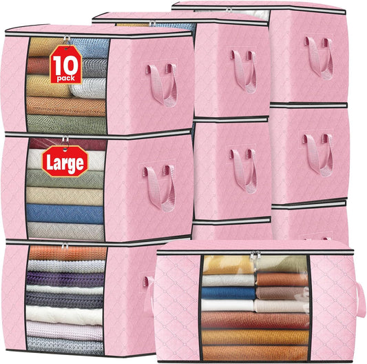 Fab totes 24 Gallons Clothes Storage, Foldable Thick Fabric Blanket Storage Bags, Containers for Organizing Bedroom, Closet, Clothing, Comforter, Organization with Handle (10 Pack,Pink)