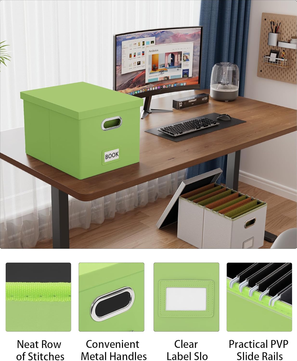 2 Pack File Storage Organizer, Portable File Box with Lid, Fit for Letter/Legal File Folder Storage, Fruit-green(Leather) Box