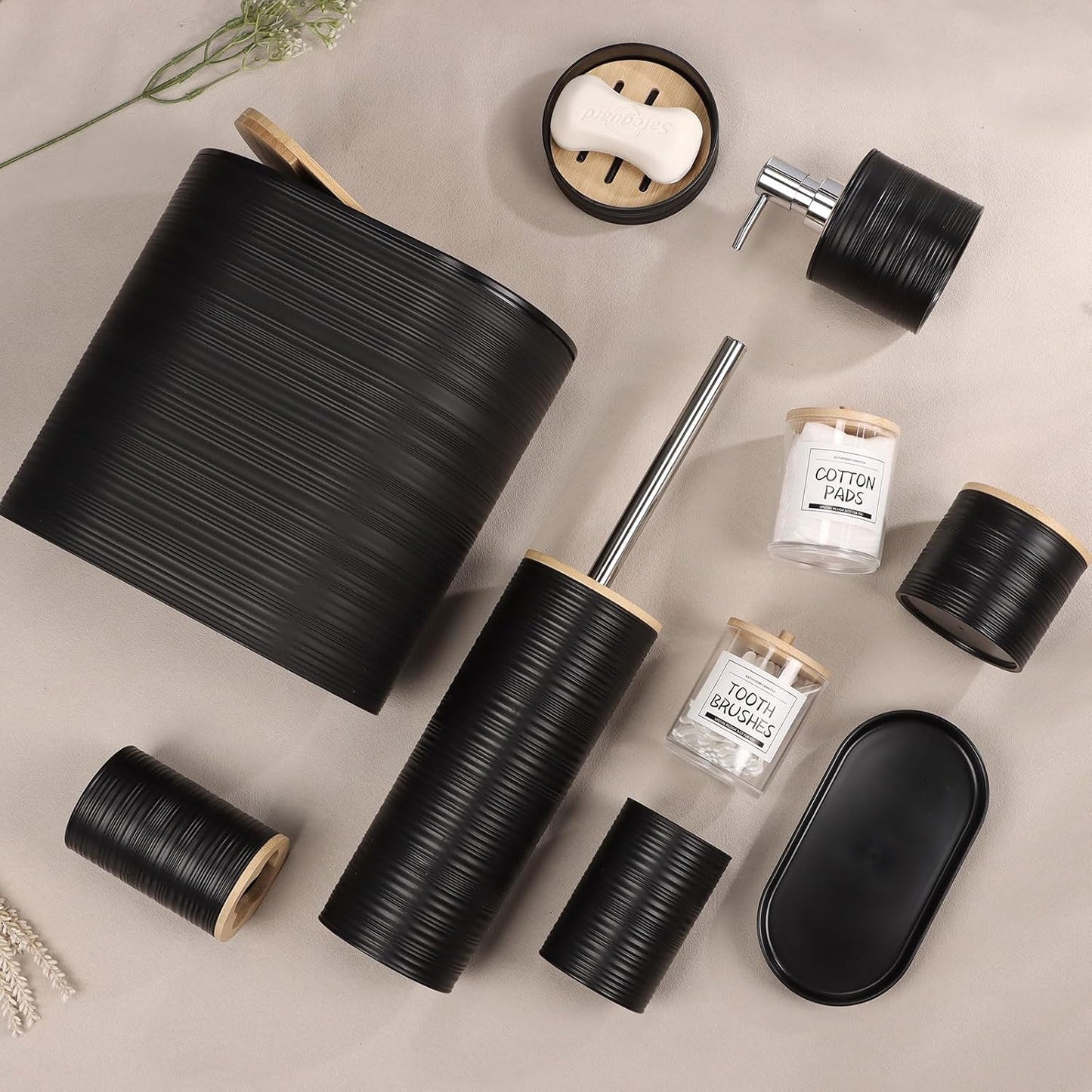 IMAVO Bathroom Accessory Set-11Pcs Black Bathroom Accessories Set with Trash Can,Soap Dispenser,Soap Dish,Toothbrush Holder,Toothbrush Cup,Toilet Brush Holder,Qtip Holder Dispenser with Labels