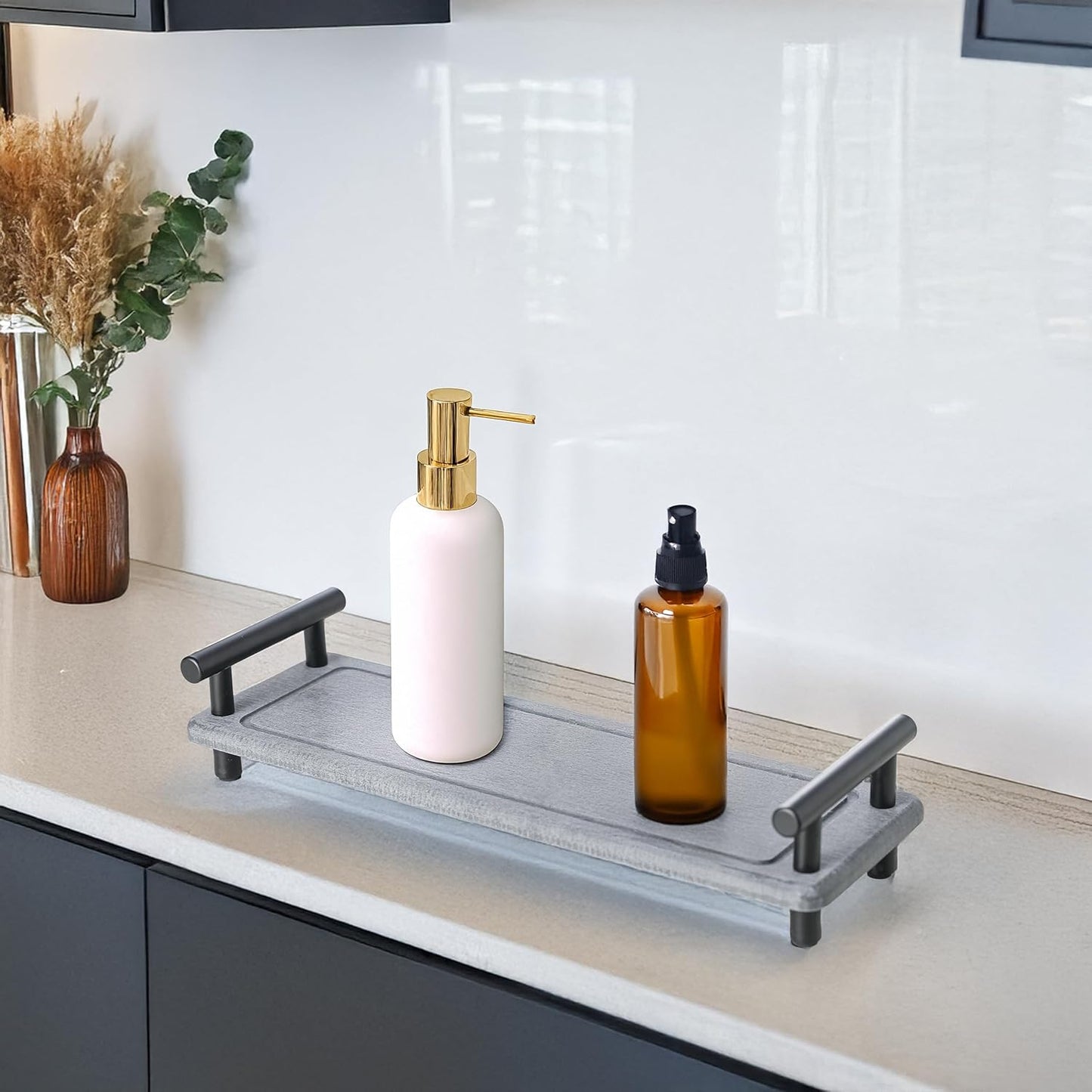 2Pcs Instant Dry Sink Caddy, Water Absorbent Diatomite Tray for Sink, Stone Drying Tray with Metal Handle, Keeping Kitchen and Bathroom Tidy and Clean (Dark Grey & Black Handle, Large & Small)