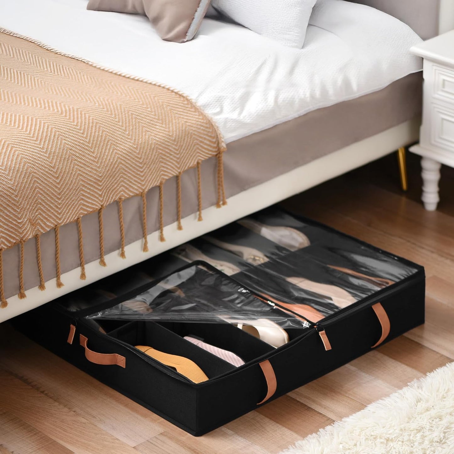 StorageWorks Shoe Organizer Under Bed for Closet, 2-Pack Ultra-thick Fabric Shoe Storage Containers with Bottom Support and Adjustable Dividers, Fits up to 24 Pairs, Black